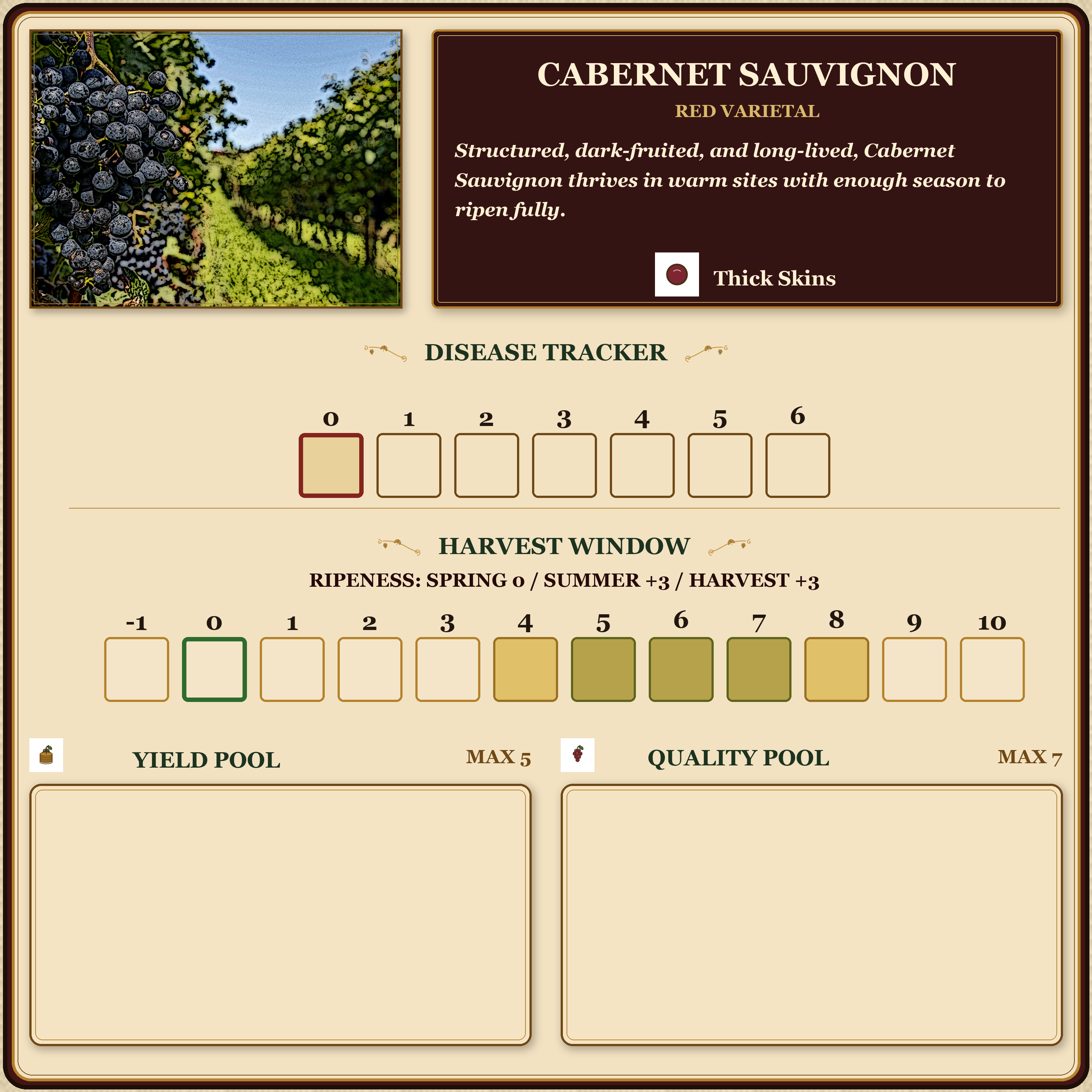 Cabernet Sauvignon varietal mat from the current Wine Country Dynasty tabletop prototype