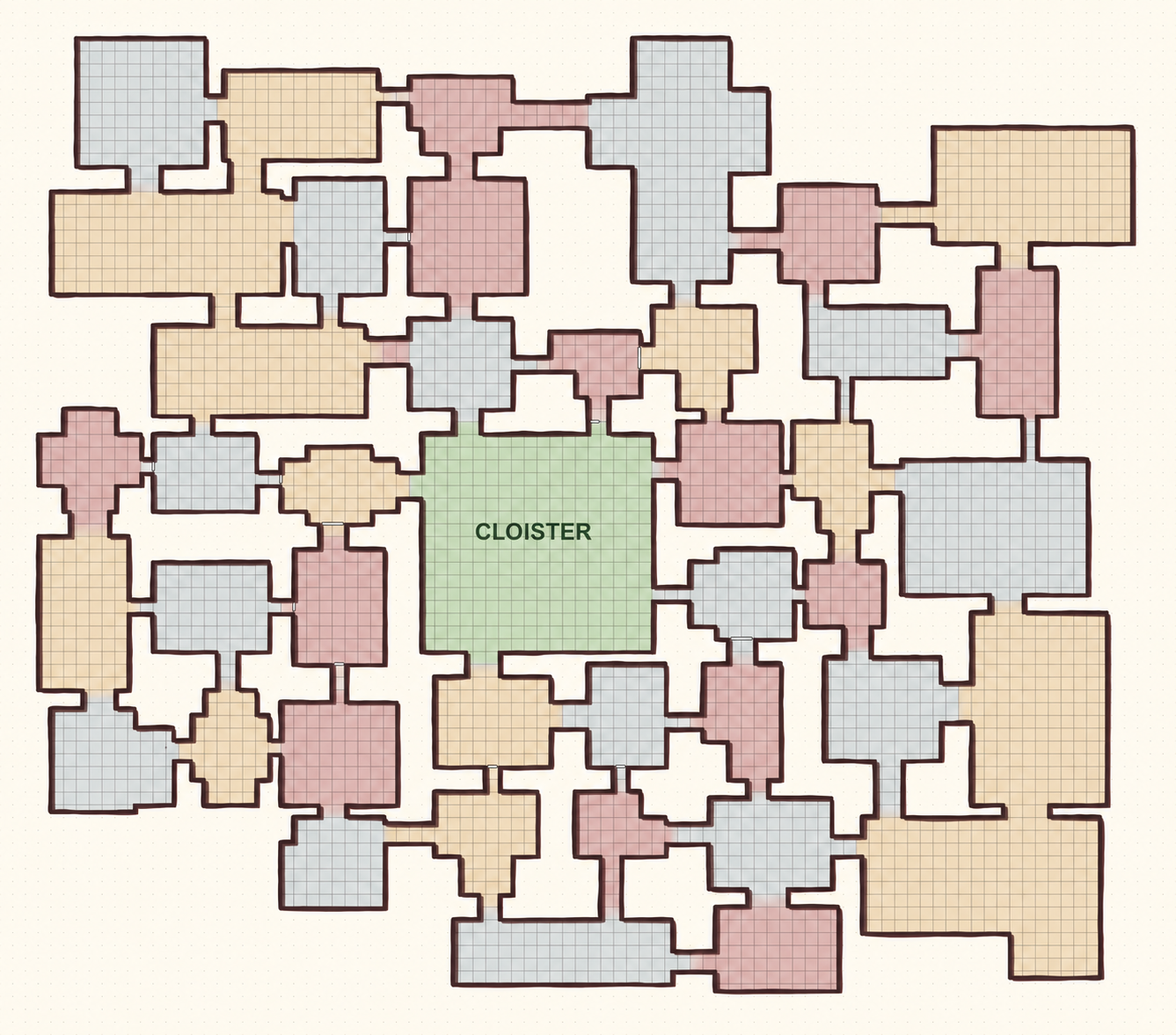 Current Shepherding Cats monastery board with connected rooms surrounding a green central cloister