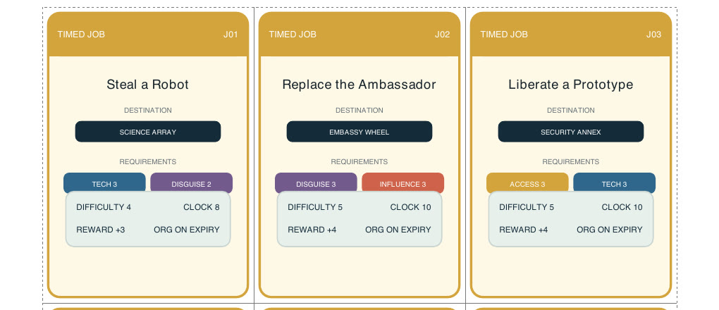 Three timed mission cards from the Questionable Intelligence tabletop prototype